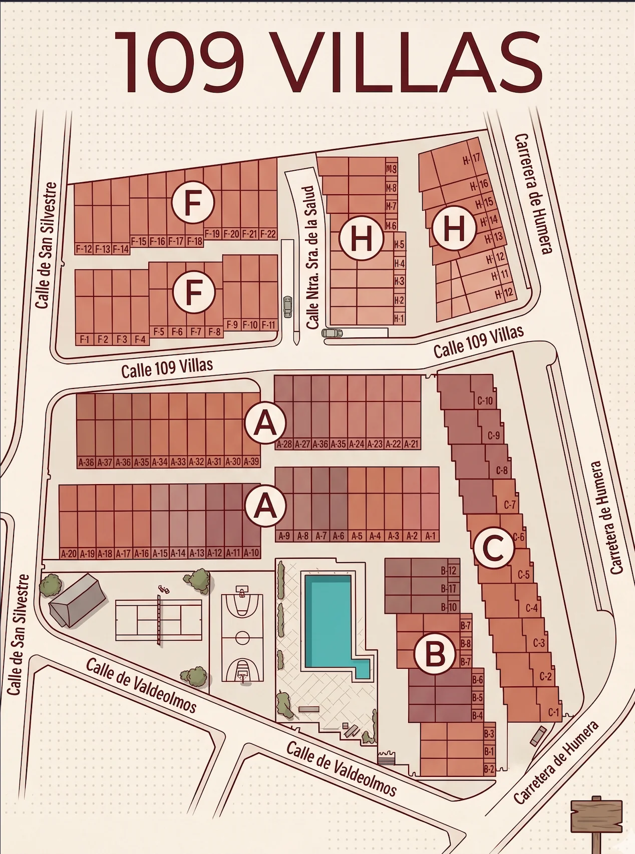 Plano de la urbanización 109 Villas — sectores A, B, C, F, H y zonas comunes